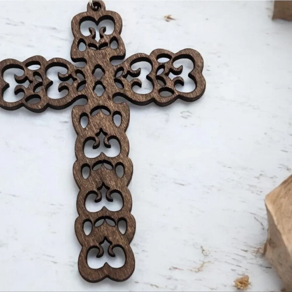 Large Ornate Wooden Cross Earrings Christian Prayer Pendant Religious Jewelry